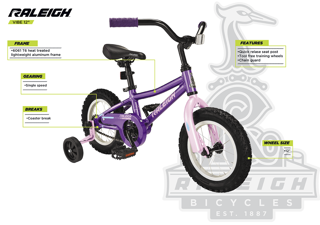 Vélo pour enfants Vibe, violet, 12 po - infographic