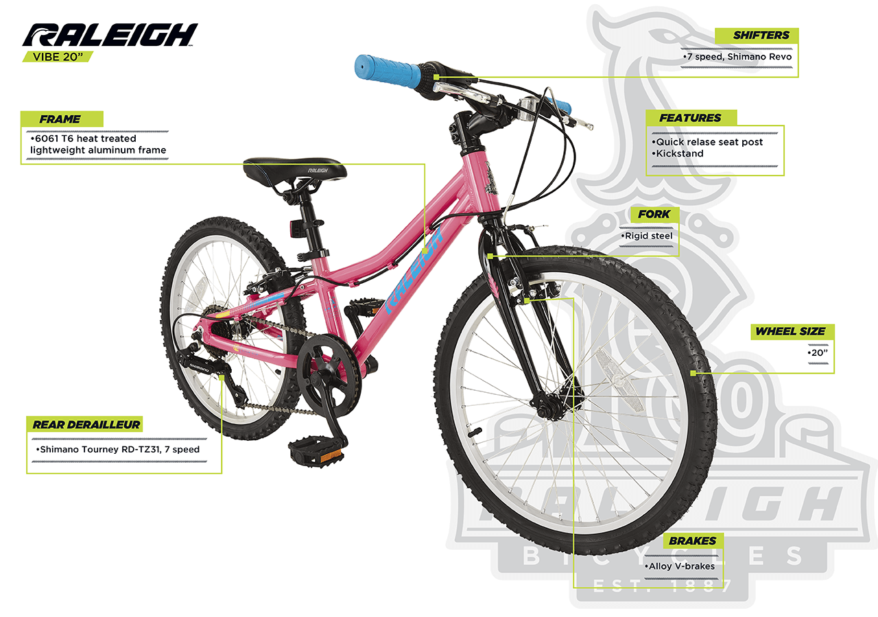 Vélo Raleigh Vibe, jeunes, rose, 20 po - infographic