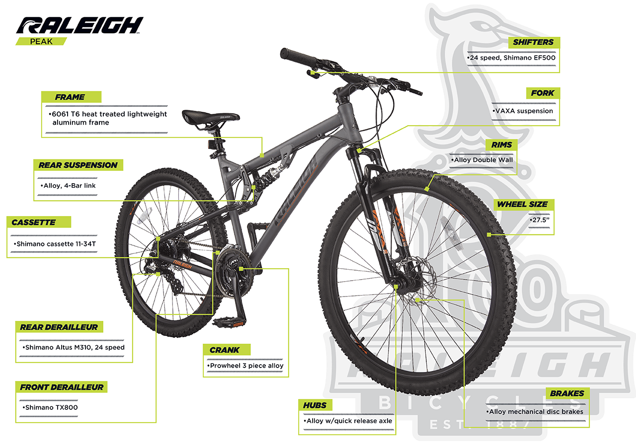 Vélo de montagne Peak, double suspension, 27,5 po - infographic 